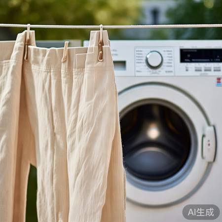 棉麻裤洗衣机甩干,选温和程序防