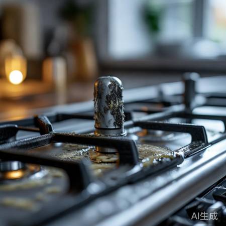 燃气灶喷嘴堵塞，油污堆积，燃气