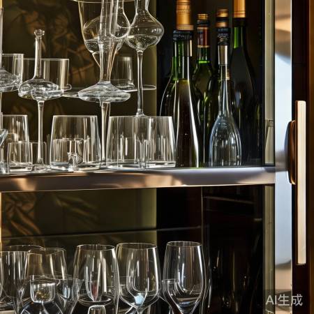 酒柜布局：底层高脚杯，上层小酒
