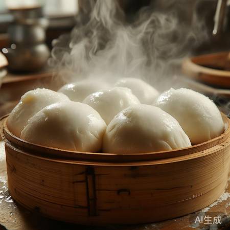 包子表面鼓起，底部微黄即熟透。