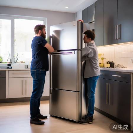 “双人合作,稳搬冰箱,勿倾斜。