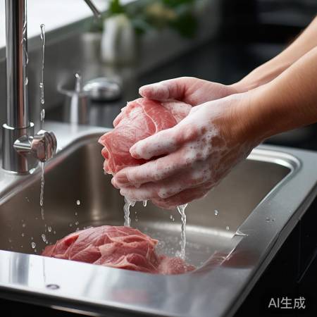 清洗双手与生肉,防菌滋生。