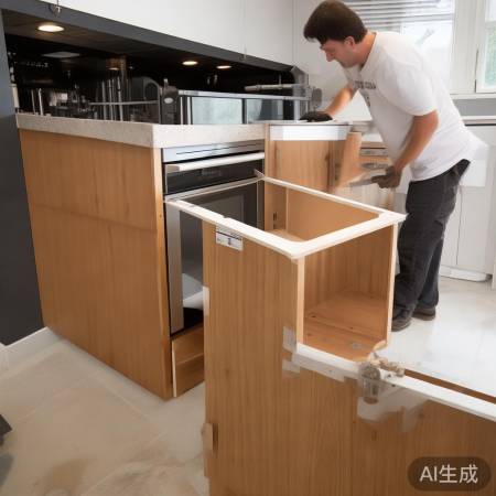 安装集成灶，固定稳固，调整橱柜