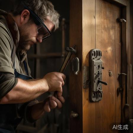 拆卸旧锁，螺丝刀锤子，轻敲门板